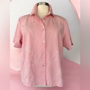 NWT!Anna Maxwell Pink Linen Blend Embroidered Button Down Collar Top Size 3X